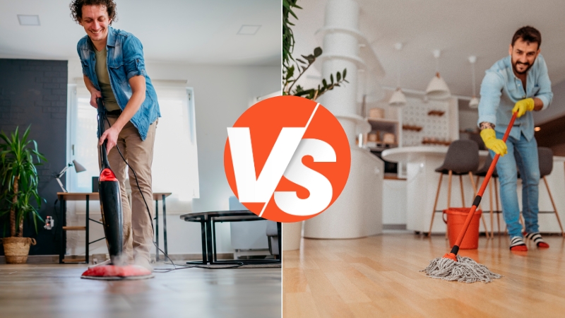 De vloer schoonmaken met een stoomreiniger of met emmer en dweil